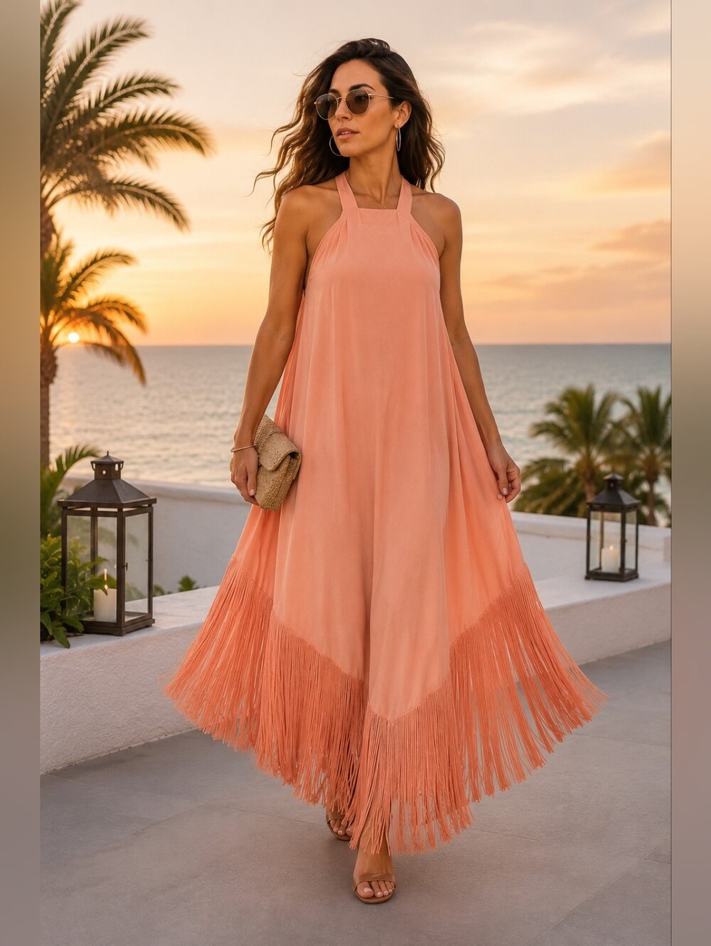 Fringed Satin Garment in Peachy Orange